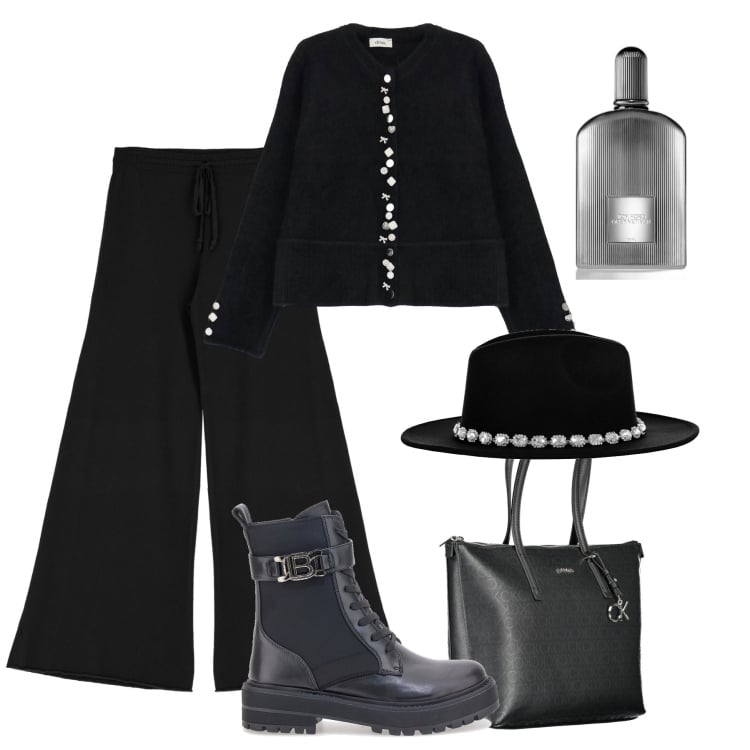 Outfit donna - Aperitivo black & brillanti col cappello. Stile Casual chic per Serata fuori. Abbinamento con profumi, cappelli, pantaloni, cardigans, anfibi, borse a spalla.