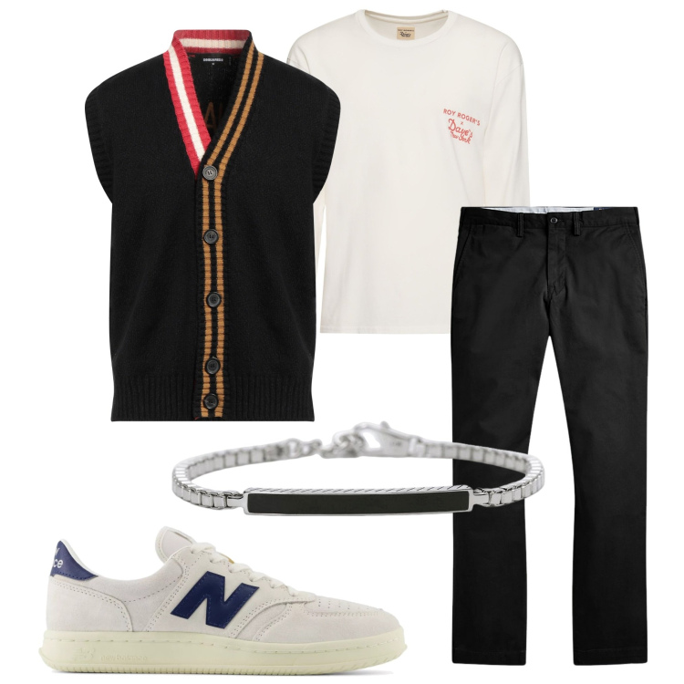 Outfit uomo - Serata. Stile Trendy per Serata speciale. Abbinamento con cardigans, braccialetti, sneakers, pantaloni, t-shirt.