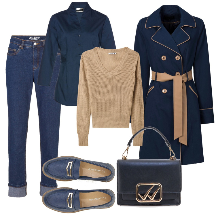 Outfit donna - Blu notte e cammello H24. Stile Sporty chic per Tutti i giorni. Abbinamento con trench, camicie, jeans boyfriend, maglieria, borse a tracolla, mocassini.