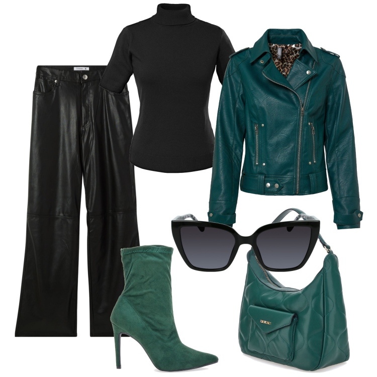 Outfit donna - Grintosa in città. Stile Rock per Tutti i giorni. Abbinamento con maglieria, blazer, pantaloni, stivaletti, borse a spalla, occhiali da sole.