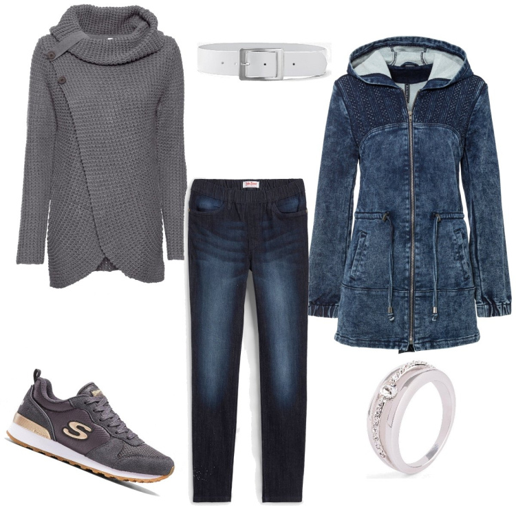 Outfit donna - Grigio e jeans. Stile Casual per Tutti i giorni. Abbinamento con parka, maglieria, sneakers, jeggings, anelli, cinture.