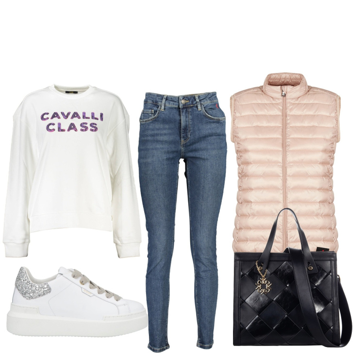 Outfit donna - Class basic. Stile Basic per Tutti i giorni. Abbinamento con sneakers, borse a mano, piumini, jeans slim fit, felpe.