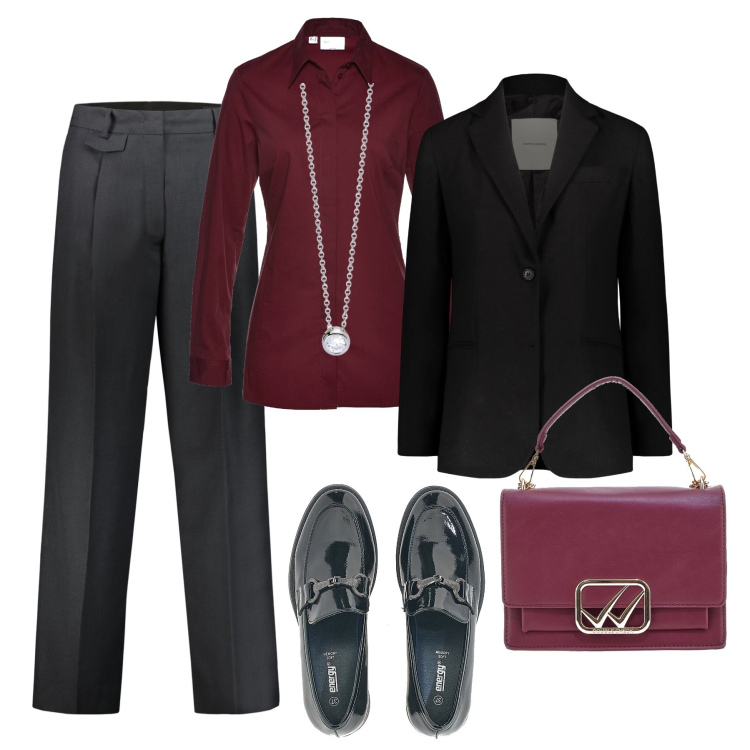 Outfit donna - L’intramontabile mannish in ufficio. Stile Mannish per Ufficio. Abbinamento con camicie, collane, mocassini, pantaloni, borse a tracolla, blazer.