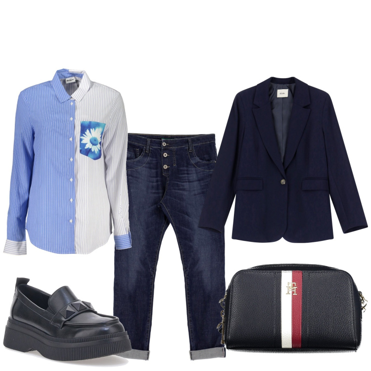 Outfit donna - La stringata. Stile Basic per Tutti i giorni. Abbinamento con jeans, blazer, mocassini, borse a tracolla, camicie.
