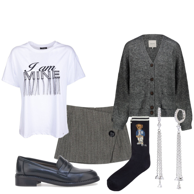 Outfit donna - College mania. Stile Glamour per Tutti i giorni. Abbinamento con orecchini, t-shirt, minigonne, calzini, cardigans, mocassini.