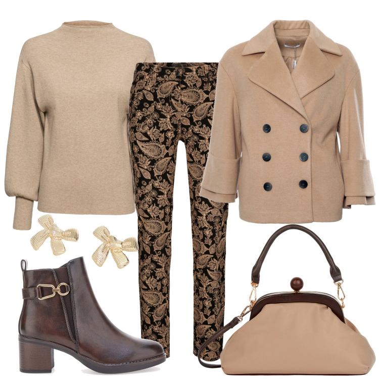 Outfit donna - Il pantalone particolare. Stile Chic per Tutti i giorni. Abbinamento con pantaloni, maglieria, cappotti, orecchini, stivaletti, clutch.