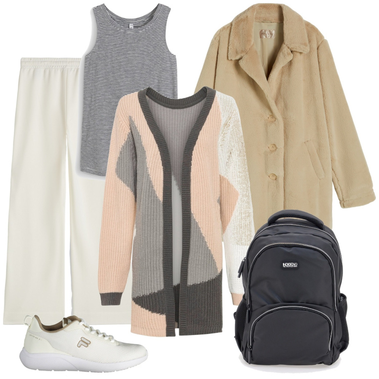 Outfit donna - Total look #1992227. Stile Basic per Tutti i giorni. Abbinamento con cardigans, top, cappotti, pantaloni a palazzo, zaini, sneakers.
