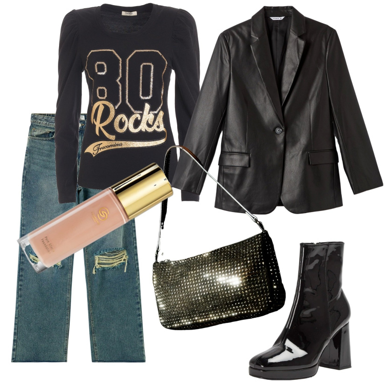 Outfit donna - Anni 80 in jeans. Stile 70s per Serata fuori. Abbinamento con fondotinta, jeans strappati, stivaletti, blazer, borse a spalla, t-shirt.