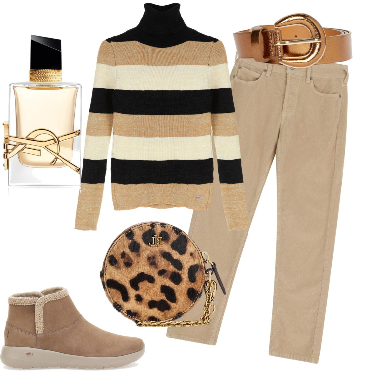 Outfit donna - Total look #1992230. Stile Casual per Tutti i giorni. Abbinamento con profumi, pantaloni, maglieria, pochette, stivaletti, cinture.