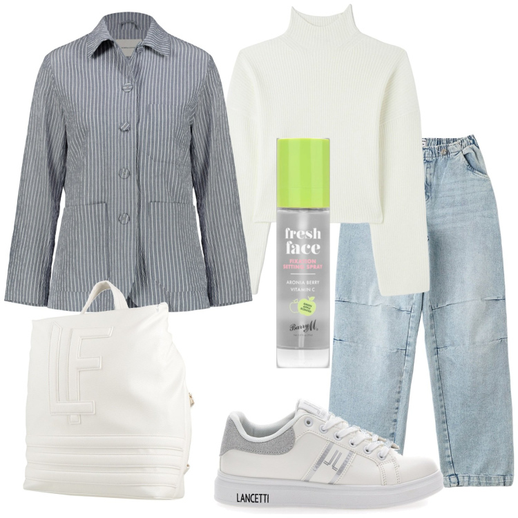 Outfit donna - Total look #1992233. Stile Casual per Tutti i giorni. Abbinamento con zaini, fondotinta, jeans, maglieria, sneakers, blazer.