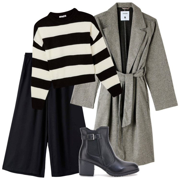 Outfit donna - Total look #1992237. Stile Minimal per Scuola/Università. Abbinamento con pantaloni a palazzo, maglieria, cappotti, stivaletti.