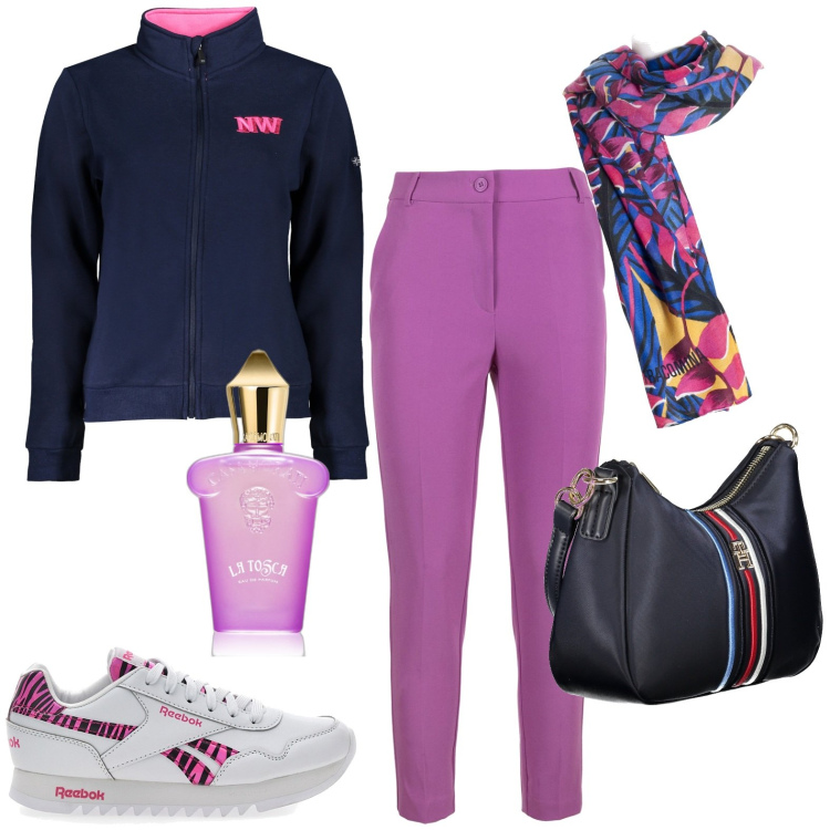 Outfit donna - Total look #1992242. Stile Casual per Tutti i giorni. Abbinamento con profumi, foulard, pantaloni, borse a tracolla, sneakers, felpe.