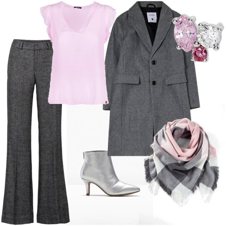 Outfit donna - Winter. Stile Chic per Serata fuori. Abbinamento con pantaloni a palazzo, foulard, stivaletti, cappotti, orecchini, bluse.