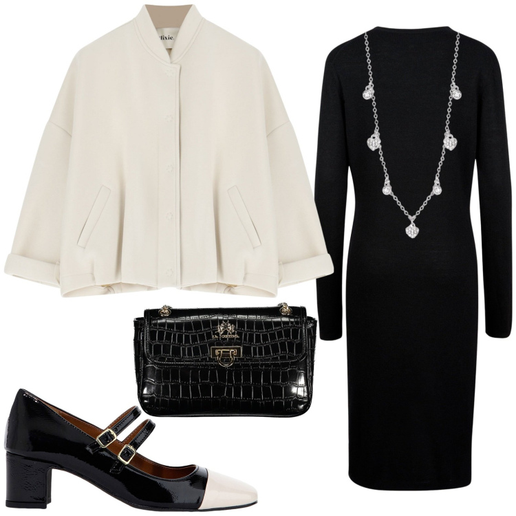 Outfit donna - Signorina bon ton. Stile Bon Ton per Ufficio. Abbinamento con collane, bomber, décolleté, vestiti midi/longuette, borse a tracolla.