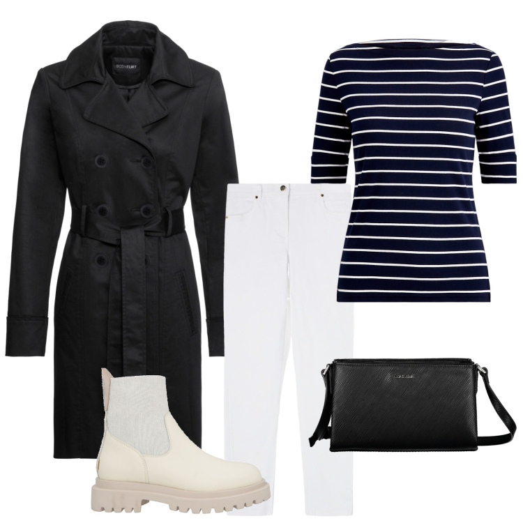 Outfit donna - Stile marines. Stile Chic per Tutti i giorni. Abbinamento con trench, stivaletti chelsea, pantaloni skinny, maglieria, borse a tracolla.