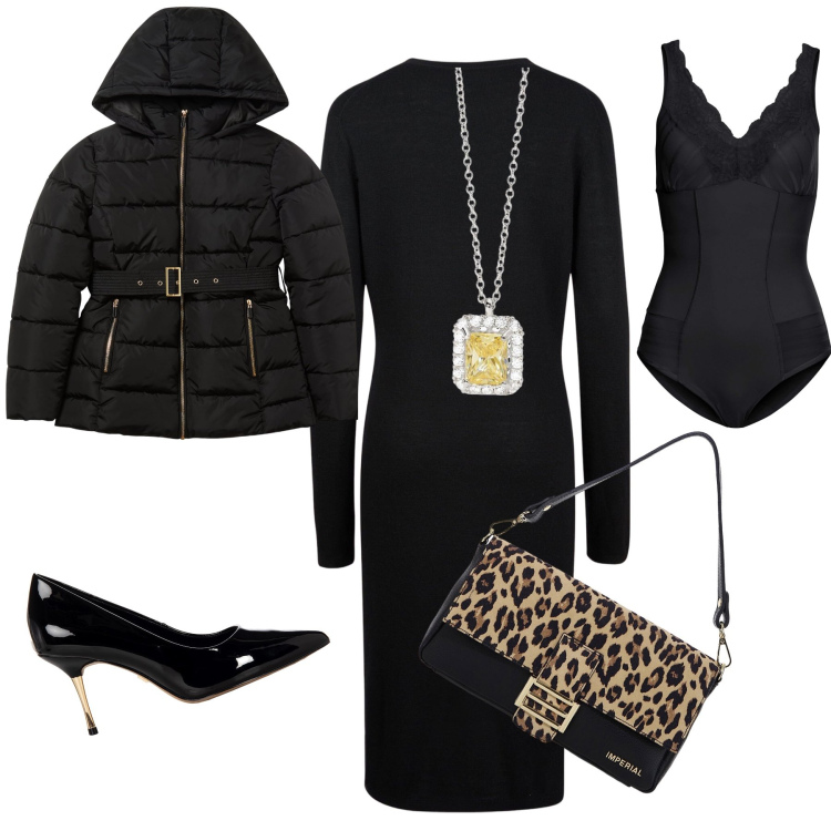 Outfit donna - Ristorante con tubino. Stile Glamour per Serata fuori. Abbinamento con body, blazer, collane, décolleté, borse a spalla, vestiti midi/longuette.