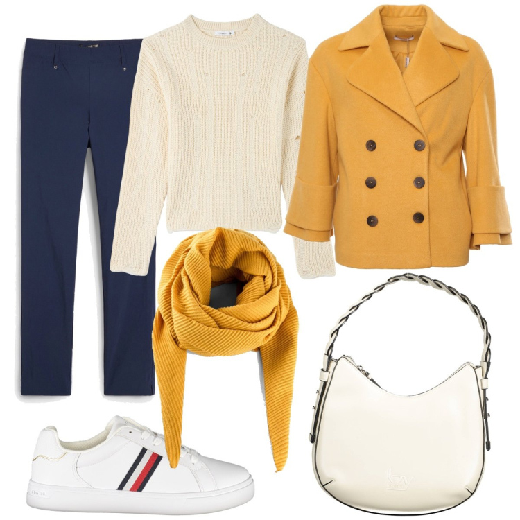 Outfit donna - Tocco d’ocra. Stile Casual per Tutti i giorni. Abbinamento con pantaloni, foulard, maglieria, cappotti, borse a spalla, sneakers.