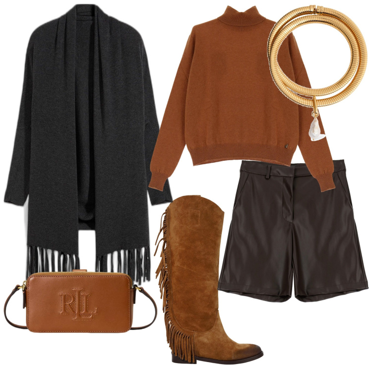 Outfit donna - E frange sia. Stile Casual chic per Serata fuori. Abbinamento con cardigans, shorts, maglieria, stivali, portafogli, collane.