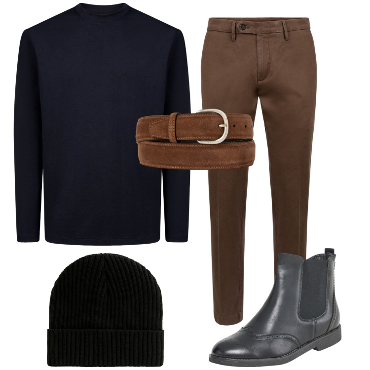 Outfit uomo - Total look #1992327. Stile Casual per Tutti i giorni. Abbinamento con stivali e stivaletti, berretti, cinture, t-shirt, pantaloni chino.