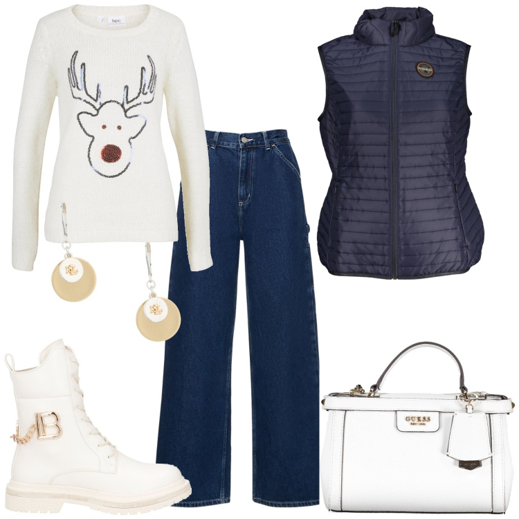 Outfit donna - Bianco Natale. Stile Casual per Tutti i giorni. Abbinamento con maglieria, anfibi, orecchini, borse a tracolla, pantaloni, blazer.