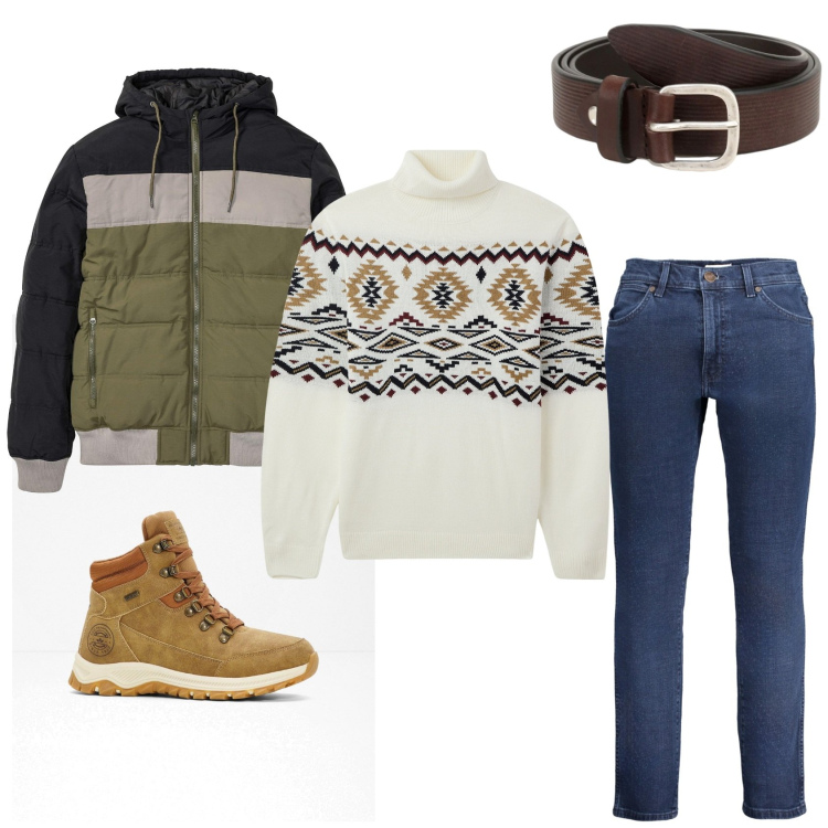Outfit uomo - Bianco Natale. Stile Casual per Tutti i giorni. Abbinamento con giacche, stivali e stivaletti, maglieria, cinture, jeans.
