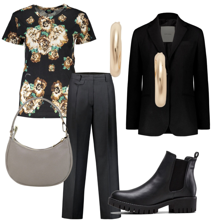 Outfit donna - Total look #1992338. Stile Chic per Ufficio. Abbinamento con stivaletti chelsea, borse a spalla, orecchini, pantaloni, blazer, t-shirt.