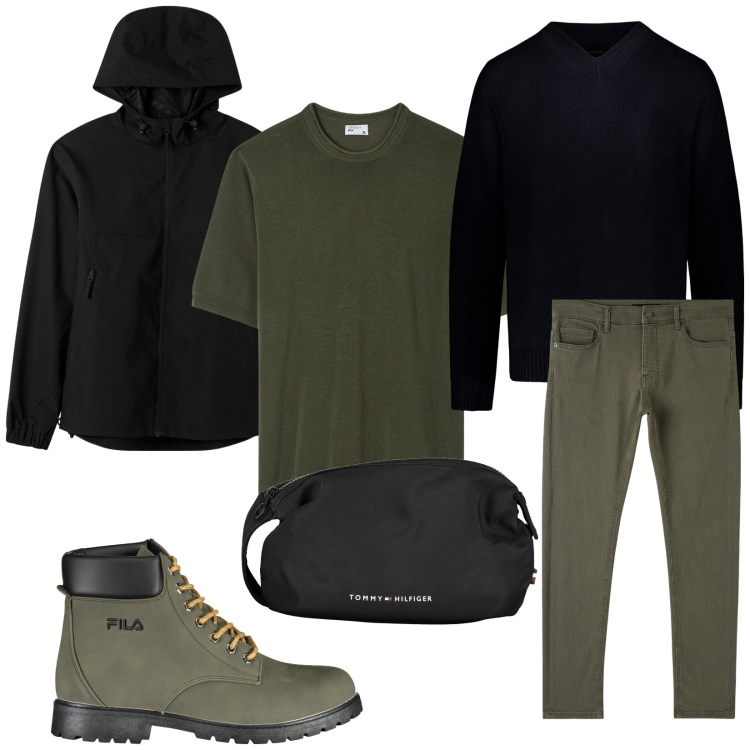 Outfit uomo - Total look #1992340. Stile Urban per Tutti i giorni. Abbinamento con giacche, t-shirt, pantaloni skinny, maglieria, stivali, borse sportive.