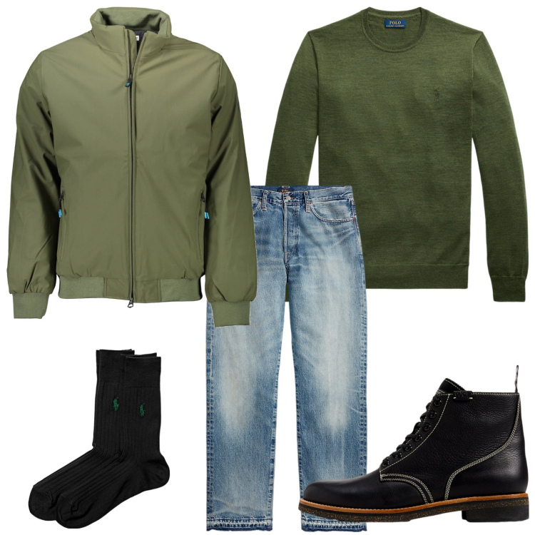Outfit uomo - Ispirazione military. Stile Trendy per Tutti i giorni. Abbinamento con calzini, stivali, jeans dritti, maglieria, giacche.