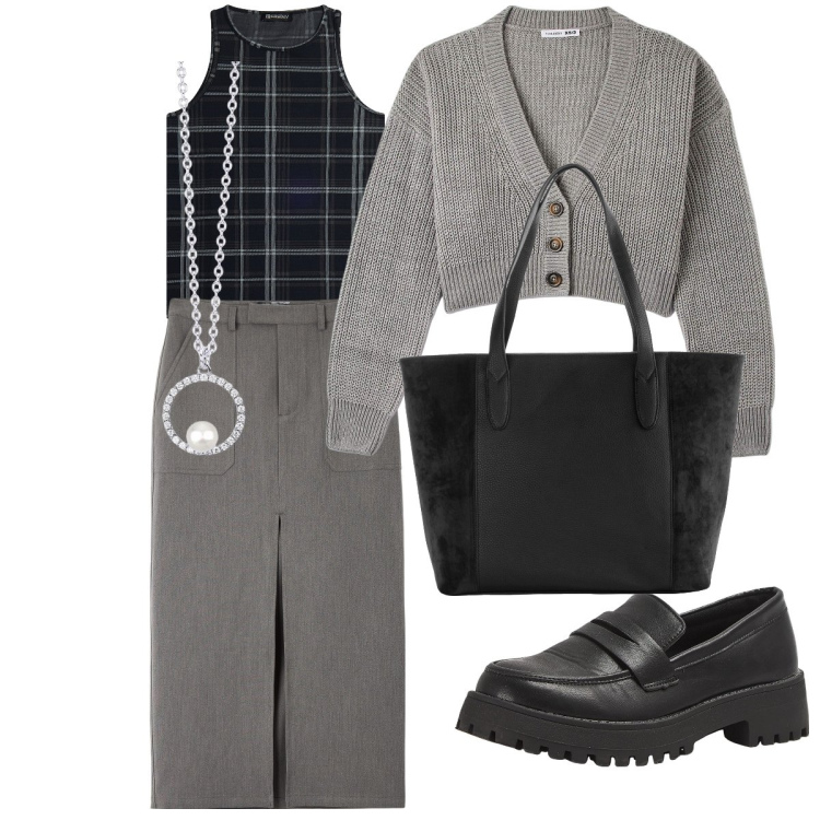 Outfit donna - Grey mood. Stile Basic per Tutti i giorni. Abbinamento con shopping bag, gonne lunghe, mocassini, cardigans, collane, canottiere.
