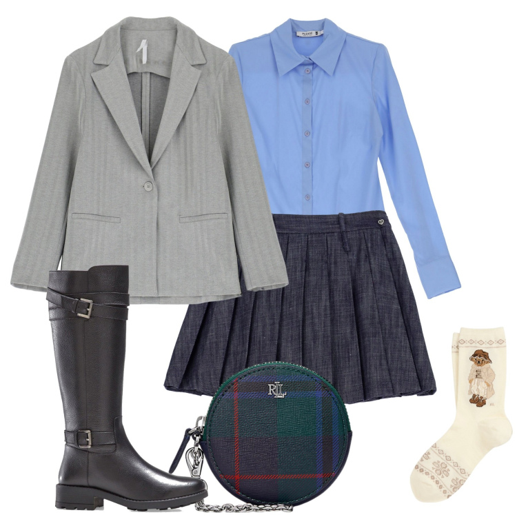 Outfit donna - La gonna denim. Stile Preppy per Tutti i giorni. Abbinamento con stivali, camicie, minigonne, blazer, pochette, calzini.