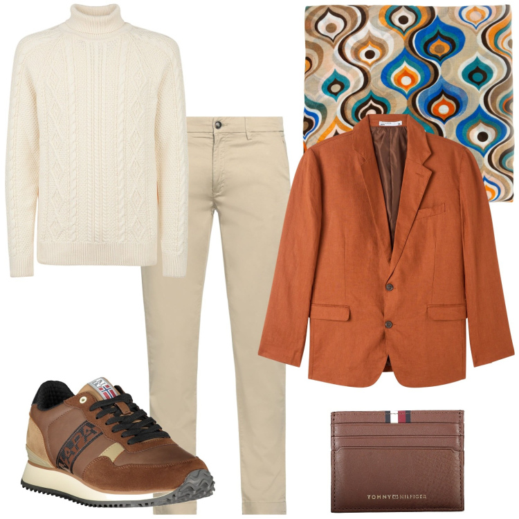 Outfit uomo - Maglia a collo alto e giacca. Stile Trendy per Tutti i giorni. Abbinamento con pantaloni, giacche, sciarpe, sneakers, portafogli, maglieria.