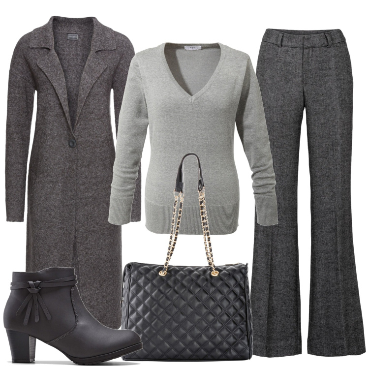 Outfit donna - Elegant. Stile Chic per Tutti i giorni. Abbinamento con pantaloni a palazzo, maglieria, stivaletti, shopping bag, cappotti.