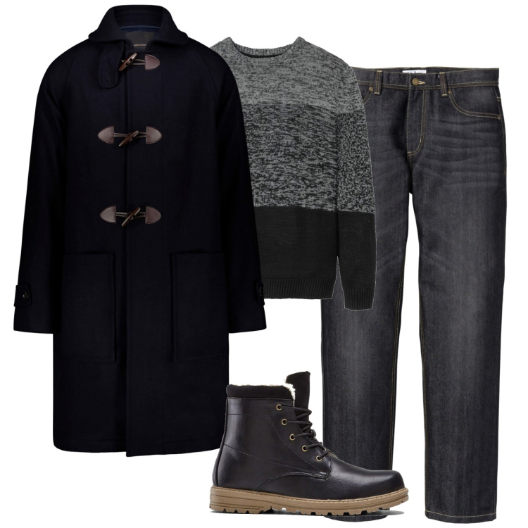 Outfit uomo - City. Stile Urban per Tutti i giorni. Abbinamento con jeans dritti, stivali e stivaletti, maglieria, montgomery.