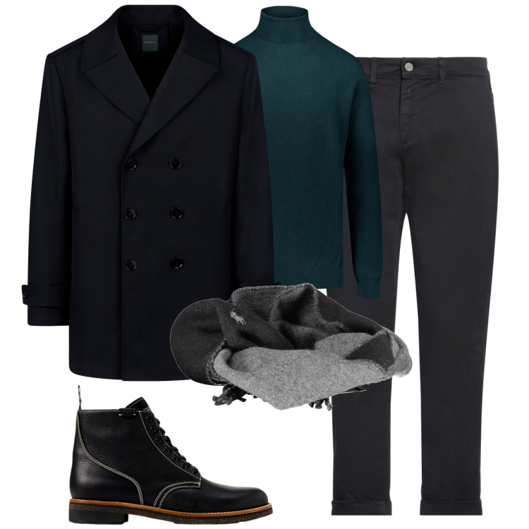 Outfit uomo - City. Stile Urban per Tutti i giorni. Abbinamento con pantaloni chino, stivali, maglieria, caban, sciarpe.