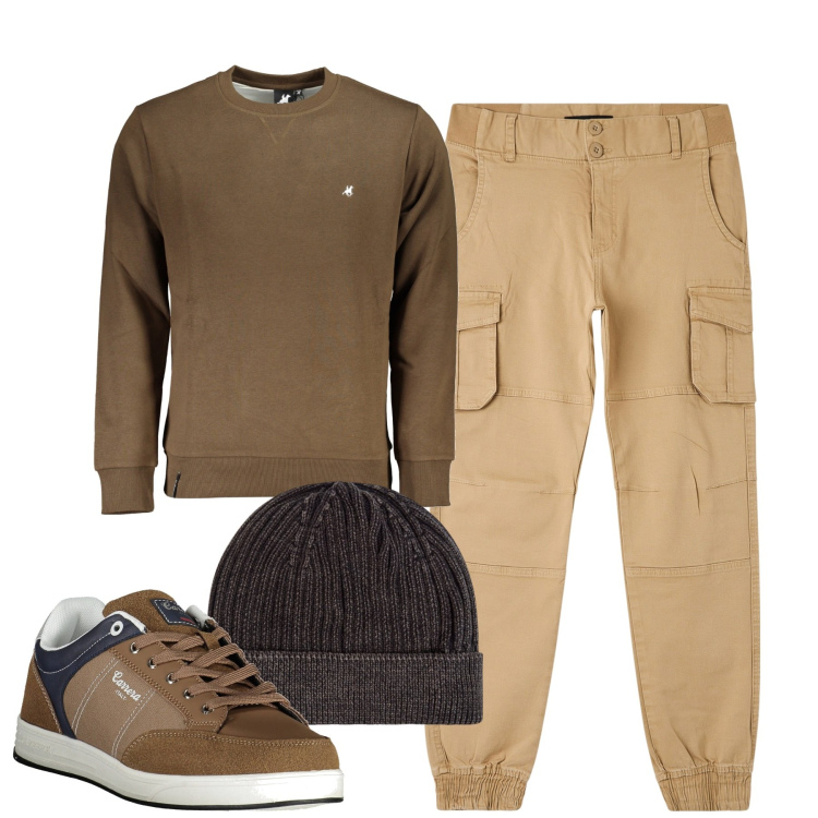 Outfit uomo - City. Stile Casual per Tutti i giorni. Abbinamento con berretti, pantaloni cargo, felpe, sneakers.