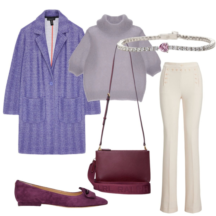 Outfit donna - Maglieria avvolgente. Stile Casual chic per Tutti i giorni. Abbinamento con braccialetti, maglieria, borse a tracolla, ballerine, pantaloni, cappotti.