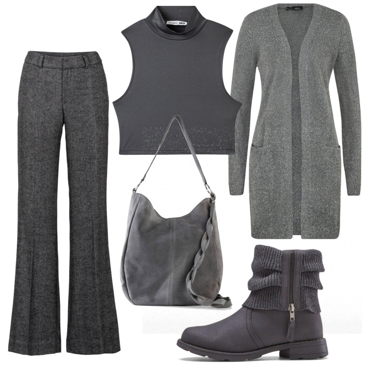 Outfit donna - Total look #1992417. Stile Casual chic per Tutti i giorni. Abbinamento con pantaloni a palazzo, stivaletti, borse a mano, cardigans, top.