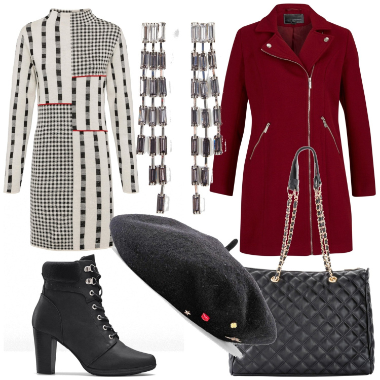 Outfit donna - Total look #1992430. Stile Casual chic per Tutti i giorni. look ideale per Petite. Abbinamento con cappelli e berretti, stivaletti, shopping bag, cappotti, vestiti, orecchini.