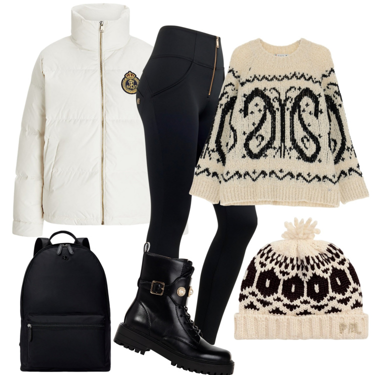 Outfit donna - Weekend in montagna. Stile Sporty chic per Tutti i giorni. Abbinamento con maglieria, anfibi, pantaloni skinny, zaini, berretti, piumini.