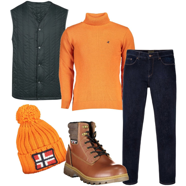 Outfit uomo - Contrasti arancioni. Stile Urban per Tutti i giorni. Abbinamento con jeans dritti, piumini, maglieria, stivali, berretti.