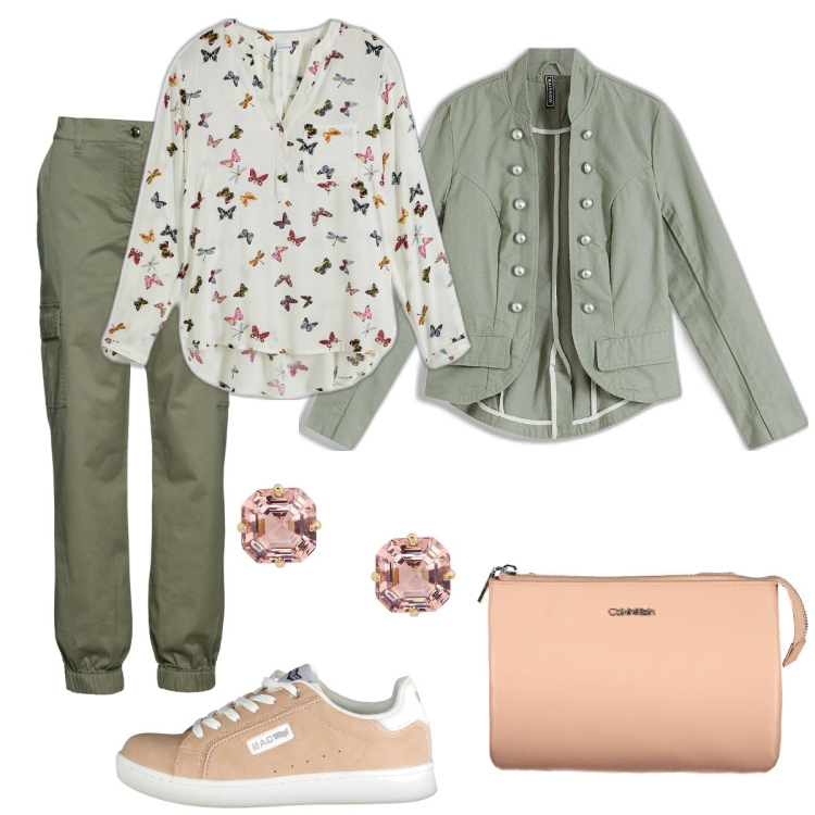 Outfit donna - Classico verde e rosa. Stile Casual per Tutti i giorni. Abbinamento con bluse, pantaloni cargo, blazer, orecchini, borse a tracolla, sneakers.