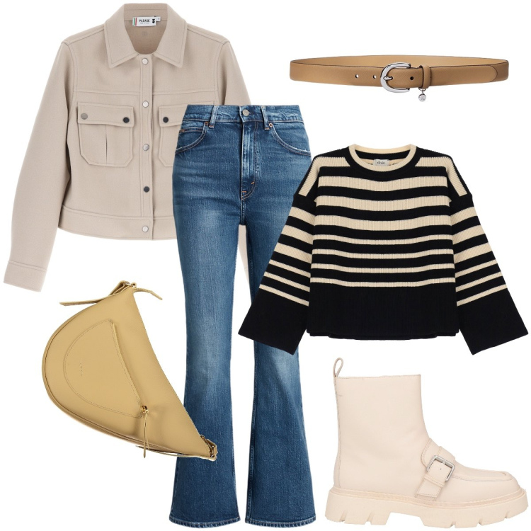 Outfit donna - La maglia a righe. Stile Urban per Tutti i giorni. Abbinamento con anfibi, blazer, maglieria, jeans, cinture, borse a tracolla.