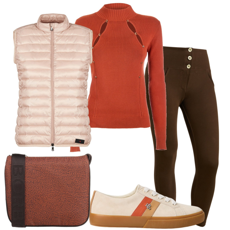 Outfit donna - Il pantalone skinny. Stile Casual per Tutti i giorni. Abbinamento con borse a tracolla, maglieria, pantaloni skinny, piumini, sneakers.