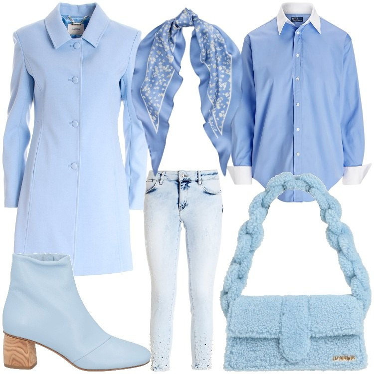 Outfit donna - In celeste. Stile Casual chic per Ufficio. Abbinamento con stivaletti, borse a spalla, cappotti, jeans, camicie, foulard.