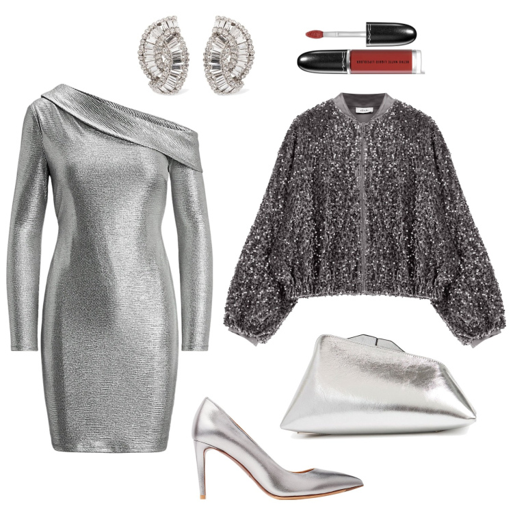 Outfit donna - Vivo di luce propria. Stile Chic per Serata fuori. Abbinamento con rossetti, bomber, vestiti, décolleté, pochette, orecchini.