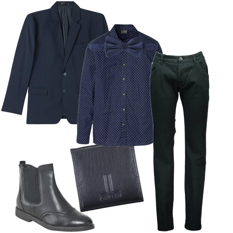 Outfit uomo - Il papillon. Stile Business/Elegante per Serata speciale. Abbinamento con camicie, giacche, stivali e stivaletti, pantaloni, portamonete, papillon.