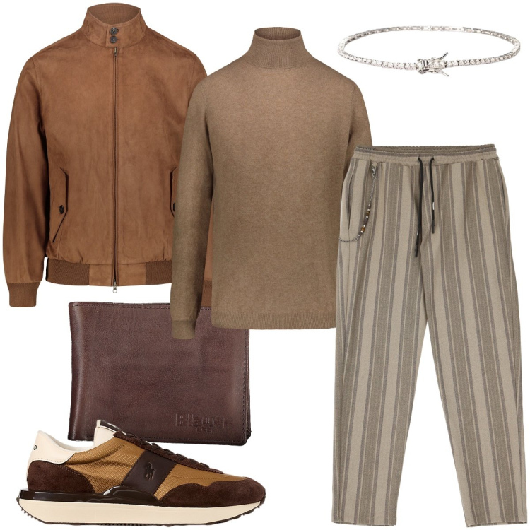 Outfit uomo - Caldo marrone. Stile Business/Elegante per Ufficio. Abbinamento con braccialetti, pantaloni, sneakers, maglieria, giacche, portafogli.