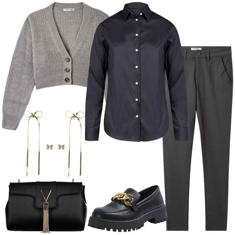 Outfit donna - Shades of gray. Stile Casual chic per Ufficio. Abbinamento con pantaloni chino, mocassini, cardigans, orecchini, camicie, borse a tracolla.