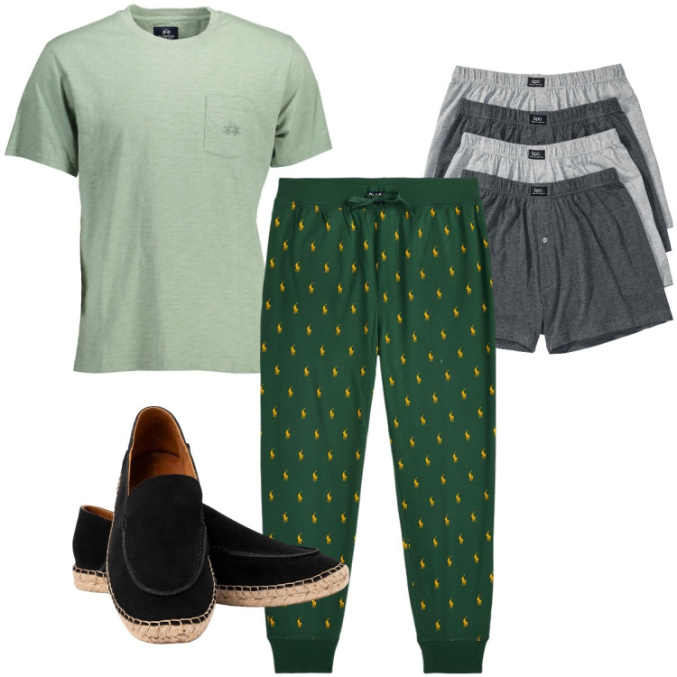 Outfit uomo - Sposto la sveglia. Stile Casual per Tutti i giorni. Abbinamento con boxer, abbigliamento da notte, espadrillas, t-shirt.
