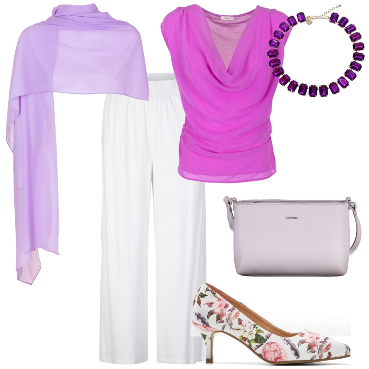 Outfit donna - Serata colorata. Stile Chic per Serata fuori. Abbinamento con pantaloni, décolleté, collane, top, stole, borse a tracolla.